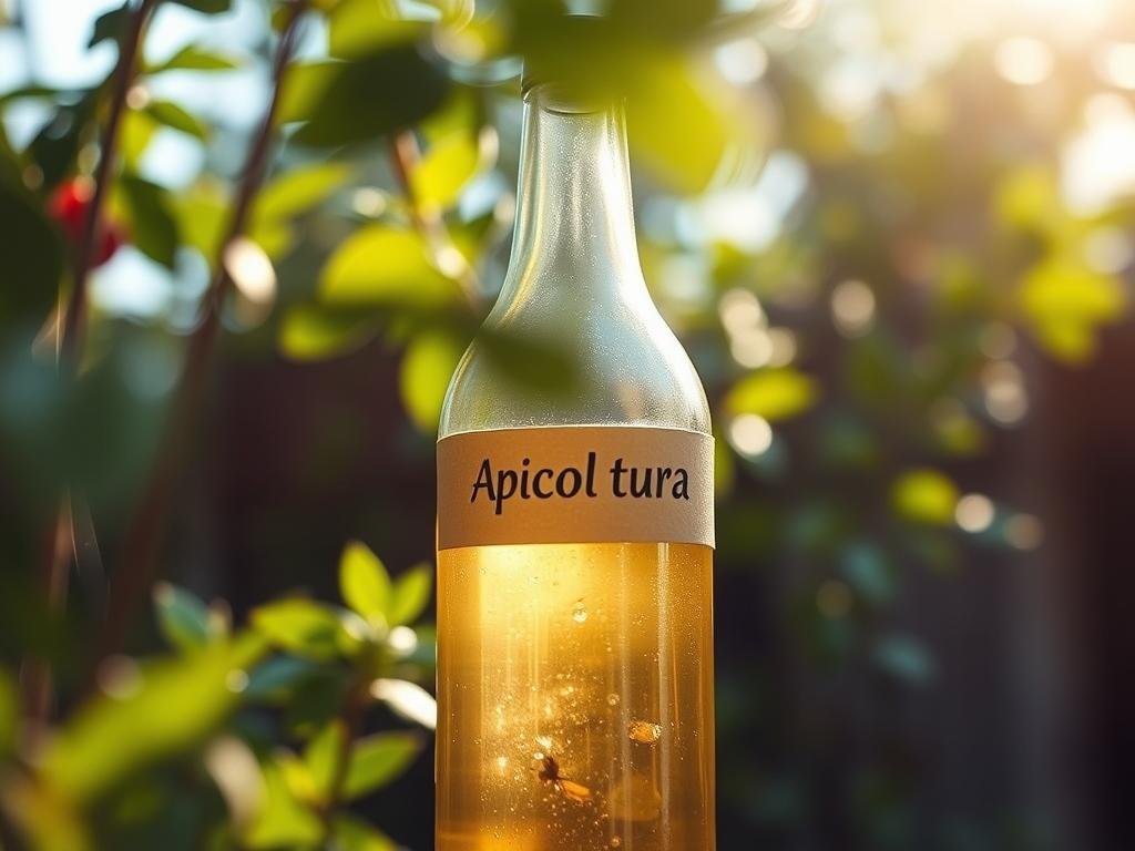 A glass bottle filled with a sweet, fragrant liquid, standing in a sunny, outdoor setting. The bottle is partially obscured by lush greenery, hinting at a rustic, natural environment. A carefully crafted "Apicoltura" label adorns the bottle, signaling its purpose as a wasp trap. The liquid inside glistens, inviting the curious insects to investigate. Soft, warm lighting casts a gentle glow, creating an inviting and serene atmosphere. The camera angle is slightly elevated, capturing the trap from a perspective that emphasizes its functionality and simplicity, perfect for illustrating the "Como creare una trappola per vespe con una bottiglia" section of the article.