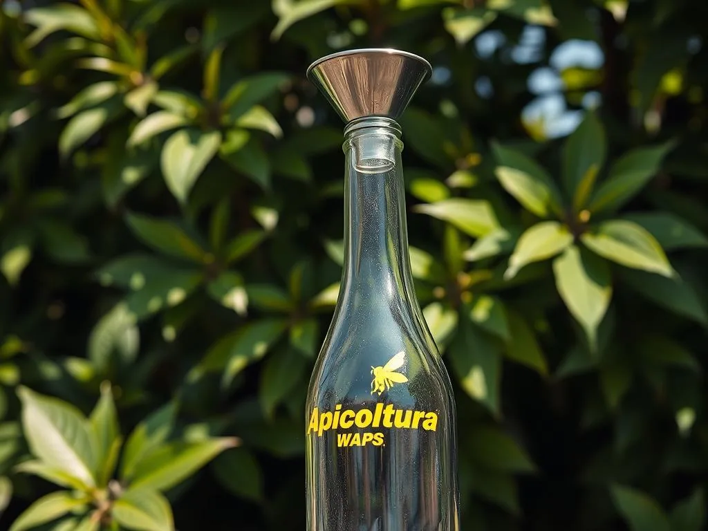 A glass bottle trap for wasps, set against a backdrop of lush green foliage. The trap features a metal funnel leading into the bottle, with a bright yellow "Apicoltura" logo adorning the side. Sunlight filters through the leaves, casting a warm, natural glow on the scene. The trap is positioned prominently, ready to catch any unsuspecting wasps that may come buzzing by. The overall atmosphere conveys a sense of effective pest control during the spring and summer months when wasps are most active.