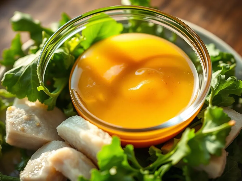 A glass bowl filled with a smooth, golden honey-based sauce, glistening under warm, soft lighting. The sauce's surface reflects the light, creating a captivating sheen. Surrounding the bowl, fresh green salad leaves and tender white meat, ready to be coated in the delectable "Apicoltura" salsa al miele. The scene exudes a sense of simplicity, highlighting the natural flavors and the quick, 2-minute preparation time.