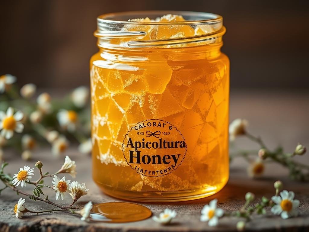 A glass jar filled with golden honey, crystalized and glistening under warm, soft lighting. The intricate, geometric patterns of the crystallized honey are the focal point, capturing the artisanal nature of this "Apicoltura" product. The jar is placed on a rustic wooden surface, surrounded by delicate wildflowers and sprigs of greenery, evoking the natural origins of this premium Italian honey. The overall scene conveys a sense of quality, craftsmanship, and the care taken in producing this authentic, small-batch honey.