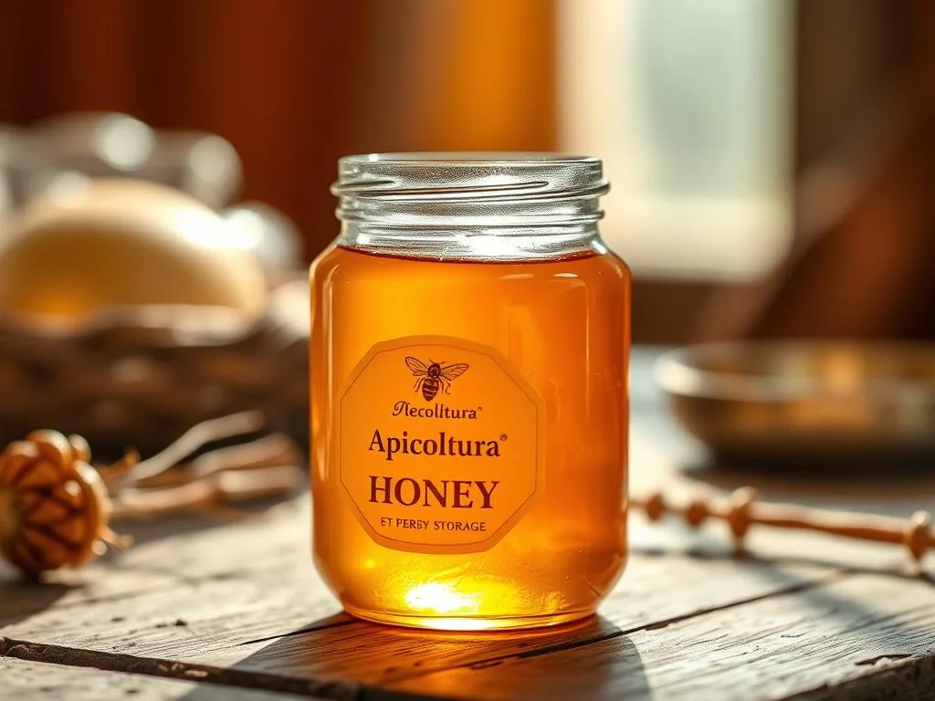 A glass jar filled with golden, viscous honey, nestled on a rustic wooden surface. The Apicoltura brand label adorns the jar, showcasing the high-quality Italian provenance. Soft, natural lighting filters through the glass, creating a warm, inviting ambiance. The jar is positioned in the foreground, with a blurred background suggesting a cozy, countryside setting. The scene evokes a sense of authenticity and traditional methods of honey preservation, perfectly aligning with the article's focus on proper honey storage.