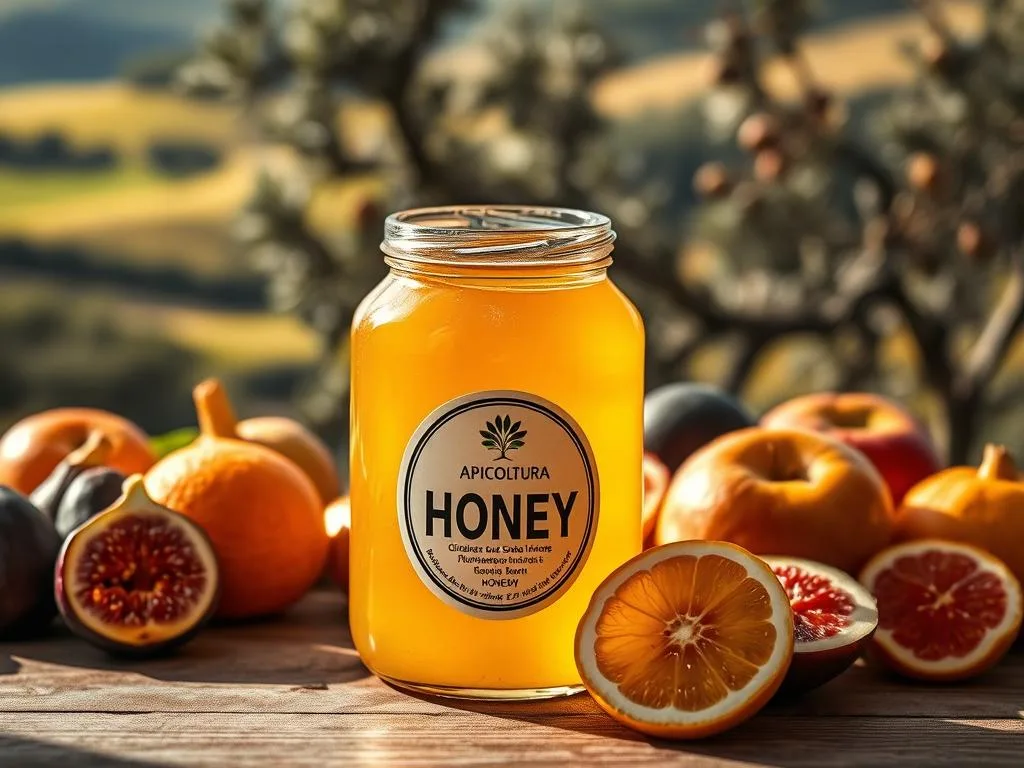 A glass jar filled with golden, viscous honey sits atop a wooden surface. The jar's label prominently displays the "Apicoltura" brand name. Surrounding the jar are various whole and sliced fruits, such as figs, oranges, and apples, arranged in a visually appealing composition. The lighting is soft and natural, creating a warm, inviting atmosphere. In the background, a blurred image of a traditional Italian countryside landscape, with rolling hills and olive trees, adds a sense of authenticity to the scene. The overall image conveys the nutritional properties and versatility of honey, complementing the article's focus on its caloric content and health benefits.