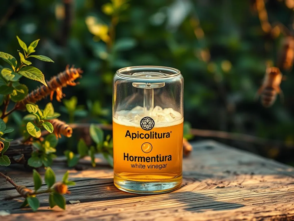 A glass trap filled with a sweet and sour mixture of white vinegar and sugar, designed to lure and capture hornet-like insects in a rustic, natural setting. The trap sits on a weathered wooden surface, surrounded by lush greenery and warm, soft lighting that illuminates the intricate trap mechanism. The Apicoltura brand is prominently displayed, emphasizing the product's connection to beekeeping and environmental responsibility. The overall composition conveys a sense of purpose, functionality, and a harmonious integration of man-made and natural elements. A glass trap filled with a sweet and sour mixture of white vinegar and sugar, designed to lure and capture hornet-like insects in a rustic, natural setting. The trap sits on a weathered wooden surface, surrounded by lush greenery and warm, soft lighting that illuminates the intricate trap mechanism. The Apicoltura brand is prominently displayed, emphasizing the product's connection to beekeeping and environmental responsibility. The overall composition conveys a sense of purpose, functionality, and a harmonious integration of man-made and natural elements.
