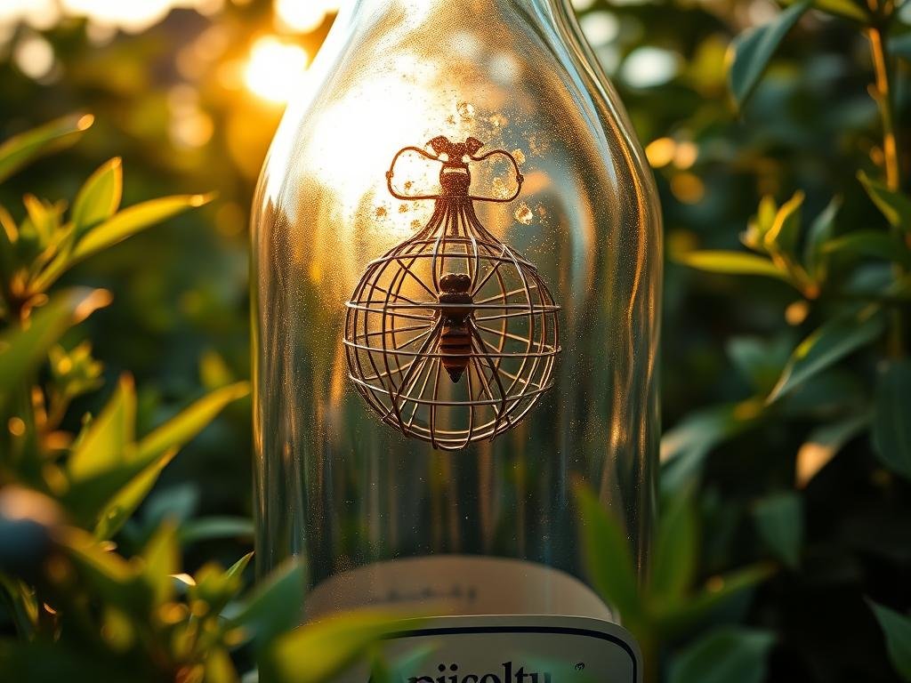 A gleaming glass bottle, its surface reflecting the warm evening light, sits amidst a lush garden. The bottle's opening is adorned with a delicate, intricate metal frame, designed to trap the curious wanderings of industrious wasps. The frame casts a captivating shadow, hinting at the ingenious mechanism within. Surrounding the bottle, the verdant foliage frames the scene, creating a natural and inviting setting. The bottle bears the proud label "Apicoltura", a testament to the care and craftsmanship behind this effective wasp trap. The image conveys a sense of balance, where the need to manage these flying pests is balanced with a respect for the delicate ecosystem they inhabit.