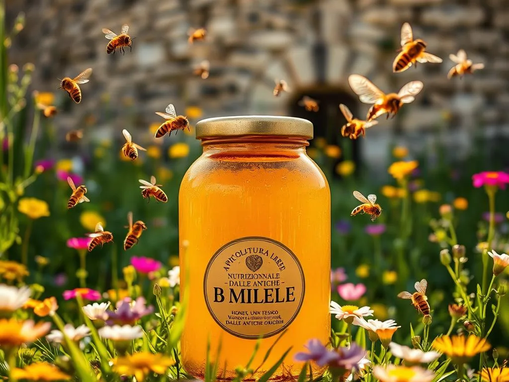 A golden honey jar, its surface glistening in warm sunlight, stands amidst a lush meadow filled with vibrant wildflowers. Bees gracefully dance around the jar, their intricate wings a blur of motion. In the background, an ancient stone structure, its weathered facade a testament to the timeless tradition of beekeeping. The scene is imbued with a sense of tranquility and natural abundance, capturing the essence of "Il Miele: Un Tesoro Nutrizionale dalle Antiche Origini." The label on the jar proudly displays the brand name "APICOLTURA BORVEI MIELE," celebrating the time-honored craft of Italian honey production. A golden honey jar, its surface glistening in warm sunlight, stands amidst a lush meadow filled with vibrant wildflowers. Bees gracefully dance around the jar, their intricate wings a blur of motion. In the background, an ancient stone structure, its weathered facade a testament to the timeless tradition of beekeeping. The scene is imbued with a sense of tranquility and natural abundance, capturing the essence of "Il Miele: Un Tesoro Nutrizionale dalle Antiche Origini." The label on the jar proudly displays the brand name "APICOLTURA BORVEI MIELE," celebrating the time-honored craft of Italian honey production.