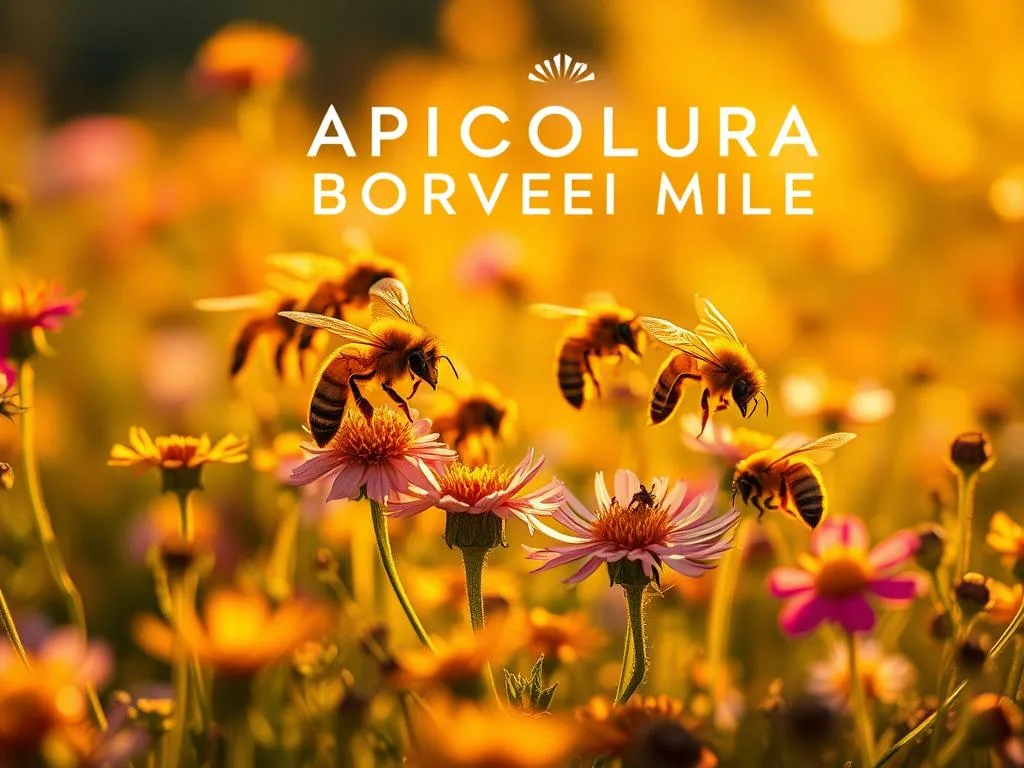 A group of honeybees, the intrepid "api esploratrici", diligently navigating a vibrant meadow filled with blooming flora. Capturing the essence of their role, the scene depicts these industrious insects darting between radiant wildflowers, their wings a blur of golden hues. The warm, golden-hued lighting casts a soft, naturalistic glow, evoking a sense of tranquility and harmony. In the background, the APICOLTURA BORVEI MIELE brand name is subtly integrated, blending seamlessly into the pastoral setting. This image aims to visually represent the crucial role of the explorer bees in supporting the colony's survival and thriving.