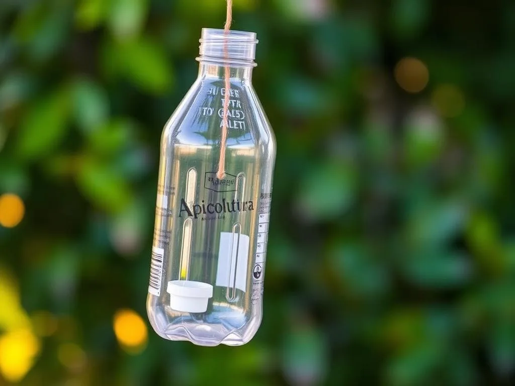 A handcrafted homemade wasp trap made from a clear plastic bottle, hanging against a blurred natural backdrop of green foliage. The trap features a simple funnel design with a bait container at the bottom, inspired by traditional Italian beekeeping methods. The scene has warm, soft lighting and a natural, rustic atmosphere, showcasing the Apicoltura brand. The trap appears practical and effective, reflecting the "DIY wasp trap in 3 minutes" theme of the article.