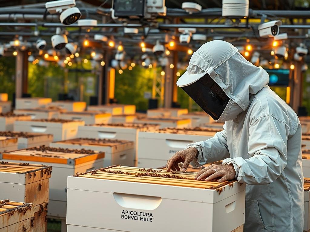 A high-tech apiary filled with smart sensors and security cameras, monitoring the hives for potential threats. In the foreground, a beekeeper in a protective suit carefully inspects the honeycombs, ensuring the safety and well-being of the colony. The middle ground showcases the APICOLTURA BORVEI MIELE brand, with its logo prominently displayed on a modern, sleek hive. In the background, a network of connected devices and control panels, providing real-time data and alerts to the beekeeper, allowing them to respond quickly to any security breaches or potential issues. The lighting is a combination of natural sunlight and warm, ambient lighting, creating a sense of professionalism and technological innovation within the apiary setting. The overall mood is one of heightened security and control, reflecting the article's focus on the evolving threats and necessary safeguards in the beekeeping industry.
