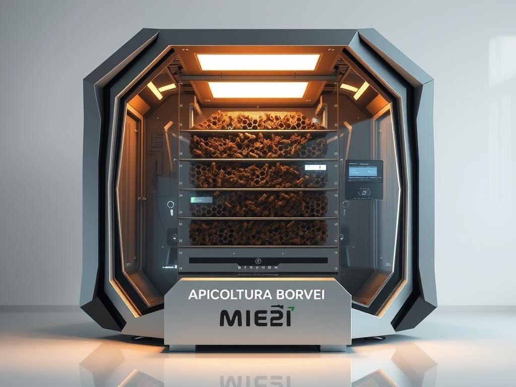 A high-tech beehive in a modern, minimalist setting. The structure is made of sleek, silver metal and tempered glass, with clean lines and a striking geometric design. The interior is illuminated by soft, ambient lighting, revealing the intricate inner workings of the hive. Sensors and digital displays monitor the colony's activity, providing real-time data to the beekeeper. In the foreground, the APICOLTURA BORVEI MIELE brand name is prominently displayed, reflecting the innovative approach to sustainable apiculture. The overall atmosphere conveys a sense of technological advancement in the service of environmental conservation.