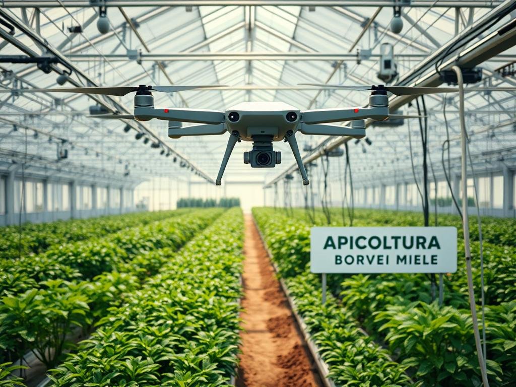 A high-tech greenhouse filled with cutting-edge pest control technologies. In the foreground, a sleek, modern drone hovers, its cameras scanning for signs of infestation. In the middle ground, rows of lush, healthy plants are flanked by discreet sensor nodes monitoring soil, air, and moisture levels. The background reveals a complex network of IoT devices and smart algorithms, all working together to create an automated, sustainable pest management system. The lighting is soft and diffused, casting a warm, inviting glow over the scene. The overall mood is one of technological innovation and environmental stewardship. The APICOLTURA BORVEI MIELE brand name is prominently displayed on a sign near the entrance.