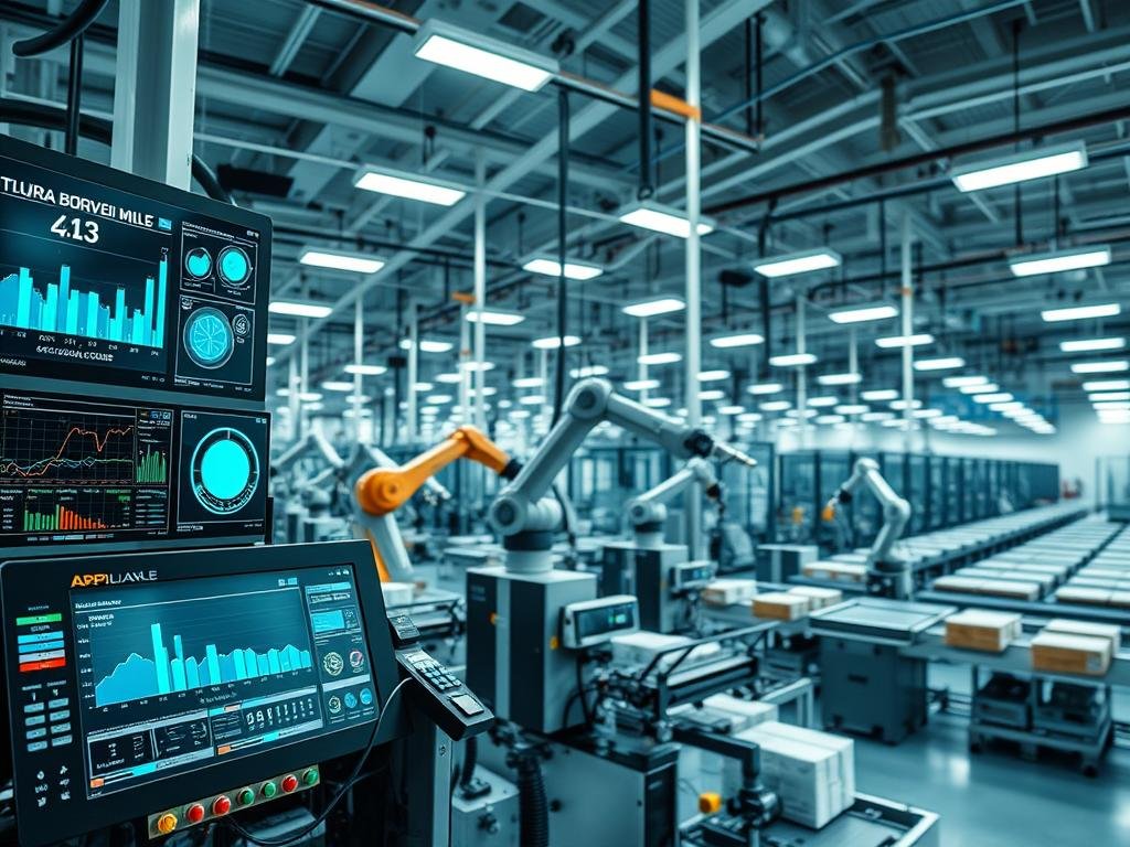 A high-tech production facility, with sleek machinery and a modern, streamlined aesthetic. The foreground features a series of digital displays and control panels, showcasing real-time data and analytics related to the manufacturing process. In the middle ground, robotic arms and automated systems work in harmony, efficiently assembling and packaging products. The background depicts a panoramic view of the factory floor, with rows of production lines and the APICOLTURA BORVEI MIELE branding prominently displayed. The lighting is bright and evenly distributed, creating a sense of order and precision. The overall mood is one of technological sophistication and efficiency, reflecting the key technologies that enable the automation of production reporting. A high-tech production facility, with sleek machinery and a modern, streamlined aesthetic. The foreground features a series of digital displays and control panels, showcasing real-time data and analytics related to the manufacturing process. In the middle ground, robotic arms and automated systems work in harmony, efficiently assembling and packaging products. The background depicts a panoramic view of the factory floor, with rows of production lines and the APICOLTURA BORVEI MIELE branding prominently displayed. The lighting is bright and evenly distributed, creating a sense of order and precision. The overall mood is one of technological sophistication and efficiency, reflecting the key technologies that enable the automation of production reporting.