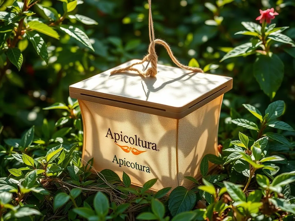 A homemade wasp trap, crafted with care, sits amidst a lush Italian garden. Inspired by traditional beekeeping practices, the trap, emblazoned with the "Apicoltura" brand, blends seamlessly into the natural surroundings. Sunlight filters through the leaves, casting a warm, inviting glow upon the intricately designed trap, which promises to safely and effectively capture the unwanted pests. The scene exudes a sense of rustic charm and environmental harmony, perfectly complementing the self-reliant spirit of the "Trappola per vespe fai da te" section.