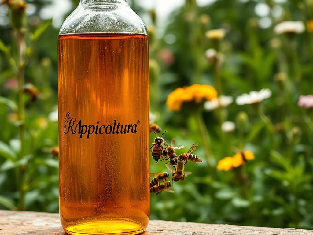 A large glass bottle filled with a sweet, fragrant liquid sits prominently in the foreground, its inviting contents beckoning curious hornets. The bottle's design features the "Apicoltura" brand name, hinting at its apiary origins. In the middle ground, a cluster of hornets, their black and yellow bodies vividly detailed, are drawn towards the alluring trap. The background is a lush, verdant landscape, with plants and flowers that complement the natural setting. The lighting is soft and diffused, creating a warm, inviting atmosphere that enhances the overall composition. The angle of the shot is slightly elevated, providing a clear, unobstructed view of the scene.