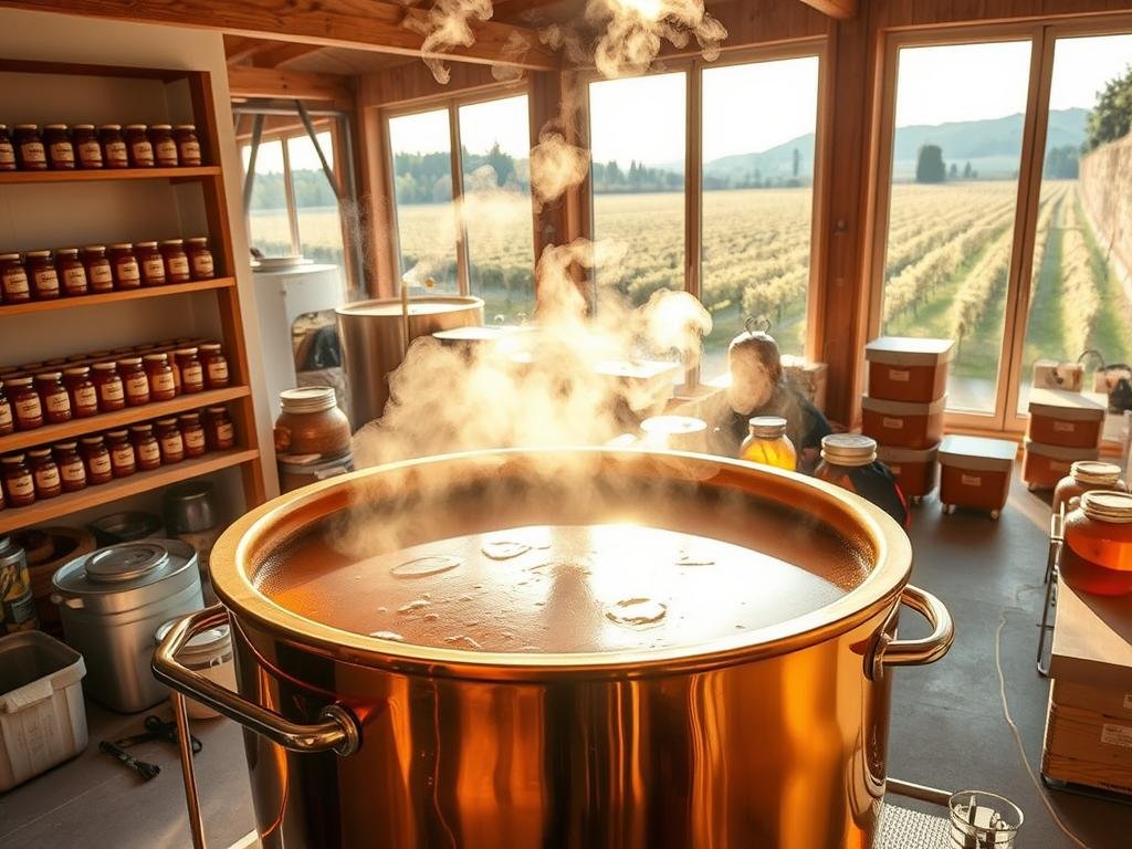 A large, gleaming copper vat sits in the foreground, steam rising from the surface as the miele, or honey, undergoes the gentle process of pastorizzazione. Surrounding the vat, a clean, modern apiary workspace with wooden shelves and jars of the Apicoltura brand honey. Sunlight filters in through large windows, casting a warm, golden glow over the scene. In the background, rows of beehives can be seen, a testament to the artisanal, Italian origins of this premium honey. The overall atmosphere conveys a sense of care, tradition, and the meticulous attention to quality that defines the miele artigianale experience.