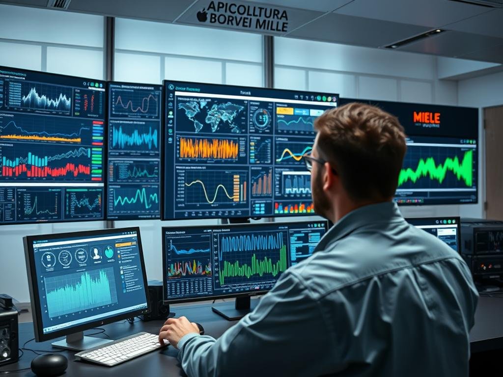 A large, high-resolution image showcasing the analysis of sensor data, with a focus on practical applications. The scene should depict a modern, sleek office or control room environment, with multiple displays and dashboards showing visualizations of sensor data. Include a central display showing a comprehensive analysis, with various charts, graphs, and data visualizations. In the foreground, have a technician or analyst interacting with the displays, examining the data. In the background, include subtle references to the "APICOLTURA BORVEI MIELE" brand, such as a small logo or branded equipment. The lighting should be bright and clean, with a professional, technology-focused atmosphere. The overall composition should convey the power and insights that can be gained from in-depth sensor data analysis.