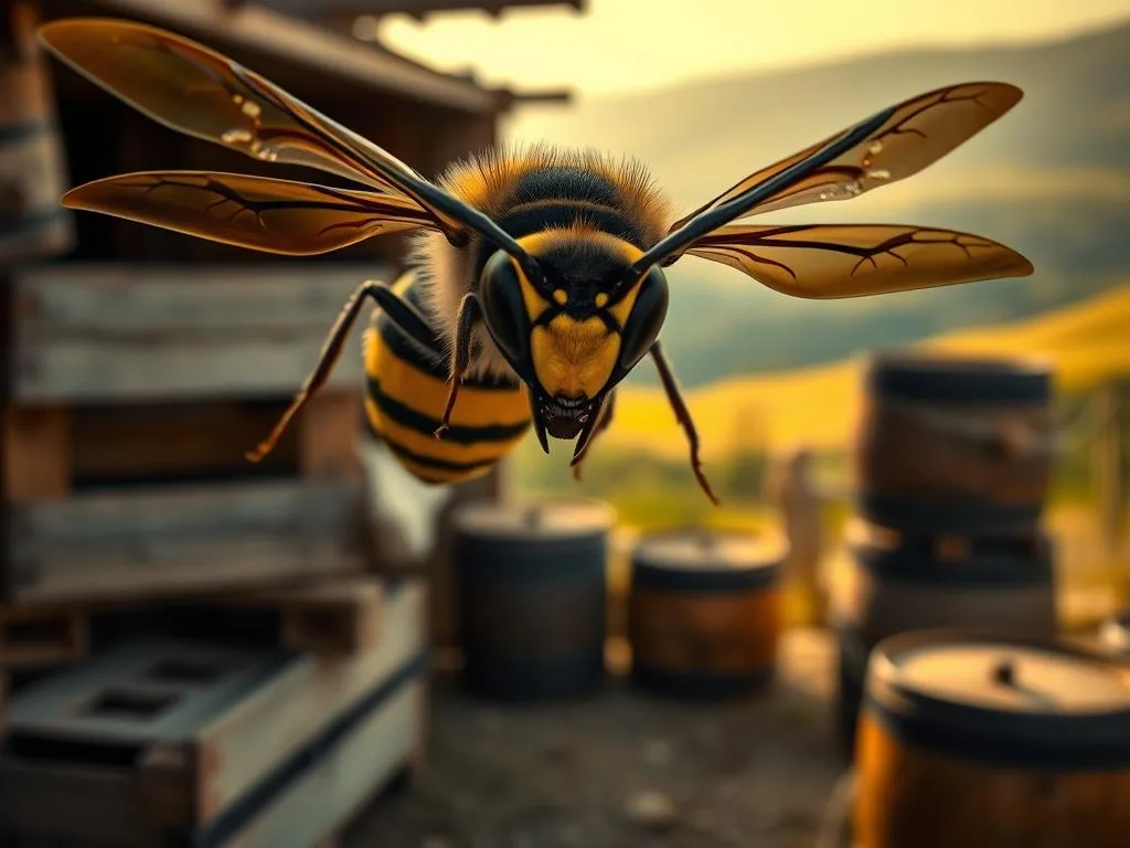 A large, menacing hornet with a distinctly yellow and black striped abdomen hovers menacingly in the foreground, its compound eyes gleaming. In the middle ground, a stack of wooden crates and barrels suggests an outdoor apiary setting, while in the background, a blurry Italian countryside landscape unfolds, with rolling hills and a warm, golden light filtering through the scene. The overall atmosphere is one of danger and foreboding, as if the viewer is about to encounter the "Calabroni" - the Italian word for hornets - that this "Apicoltura" (beekeeping) scene depicts.