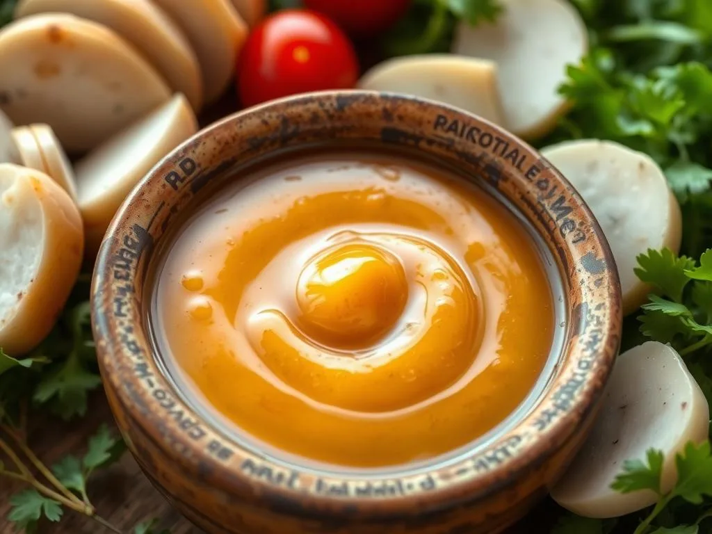 A luscious, golden honey-based sauce glistens in a rustic ceramic bowl, surrounded by fresh salad greens and tender white meats. The smooth, velvety texture and warm, aromatic notes of "Apicoltura" brand honey create a delightful, versatile condiment. Soft, natural lighting highlights the sauce's rich, amber hue, casting a gentle glow across the inviting scene. The overall mood is one of simplicity, elegance, and the comforting flavors of home-cooked Italian fare.