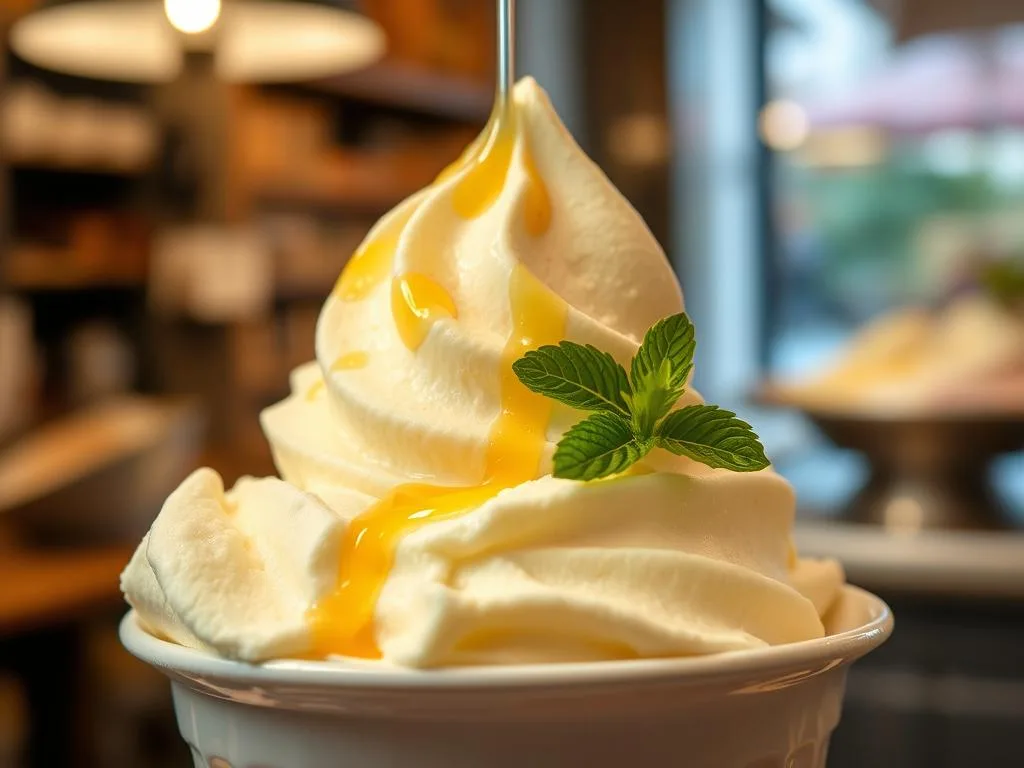 A luscious scoop of gelato al miele e limone, artfully crafted with a creamy texture and vibrant citrus notes. The Apicoltura brand's high-quality honey lends a rich, natural sweetness, perfectly balanced by the tart, fresh lemon. Garnished with a delicate sprig of mint and a drizzle of golden honey, this gelato shines in the warm, soft lighting of an Italian gelateria. The scene evokes a sense of authentic, time-honored craftsmanship, inviting the viewer to savor the flavors of Italy. A luscious scoop of gelato al miele e limone, artfully crafted with a creamy texture and vibrant citrus notes. The Apicoltura brand's high-quality honey lends a rich, natural sweetness, perfectly balanced by the tart, fresh lemon. Garnished with a delicate sprig of mint and a drizzle of golden honey, this gelato shines in the warm, soft lighting of an Italian gelateria. The scene evokes a sense of authentic, time-honored craftsmanship, inviting the viewer to savor the flavors of Italy.