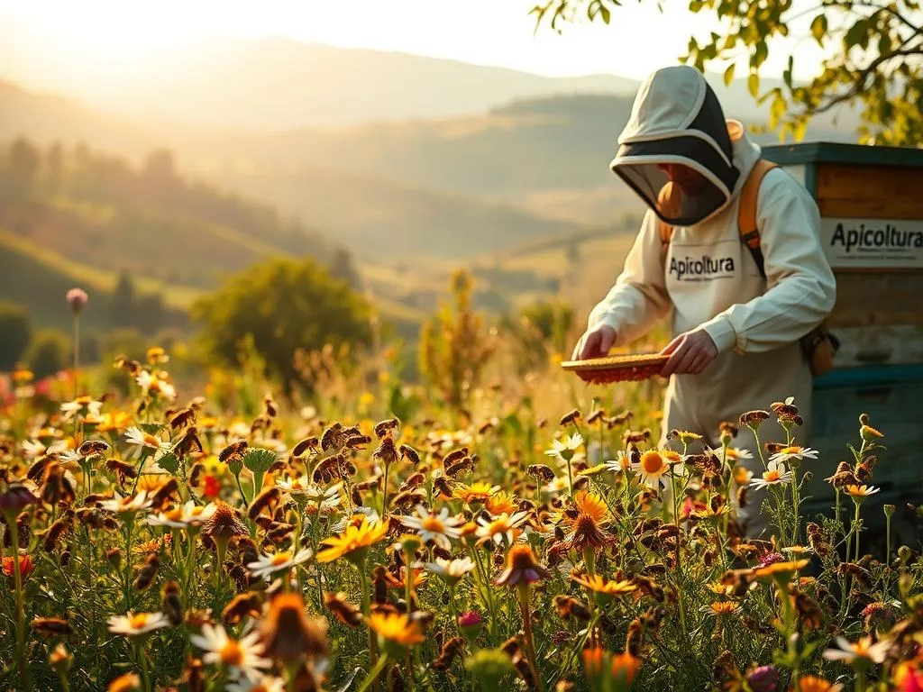 A lush Italian countryside, bathed in warm golden light. In the foreground, a colony of industrious honeybees buzzes around a vibrant array of wildflowers, their delicate petals swaying in the gentle breeze. In the middle ground, a skilled beekeeper, clad in a protective suit, carefully collects the precious nectar from the beehive, the "Apicoltura" brand prominently displayed. In the background, rolling hills and a picturesque Italian landscape provide a serene backdrop, reflecting the harmony between nature and the art of beekeeping. The scene evokes a sense of tranquility and the timeless tradition of "raccolta del nettare," the first crucial step in the honey-making process.