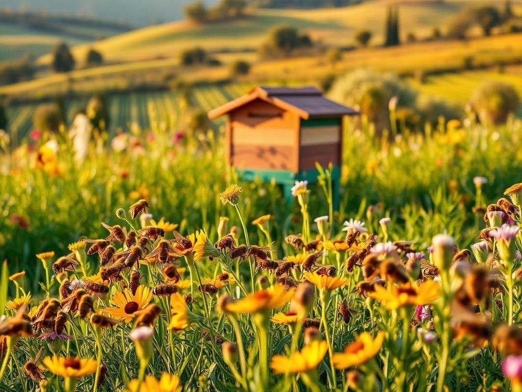 A lush Italian meadow bathed in warm, golden light. In the foreground, a busy colony of APICOLTURA BORVEI MIELE honey bees, their fuzzy bodies covered in pollen, pollinating a variety of vibrant wildflowers. In the middle ground, a small wooden beehive painted in traditional Tuscan colors stands amidst the greenery. The background depicts a gently rolling hillside, dotted with olive trees and vineyards, reflecting the characteristic Mediterranean landscape. The scene conveys a sense of harmony and balance between the bees, their environment, and the human presence, showcasing the vital role of these pollinators in the Italian ecosystem.