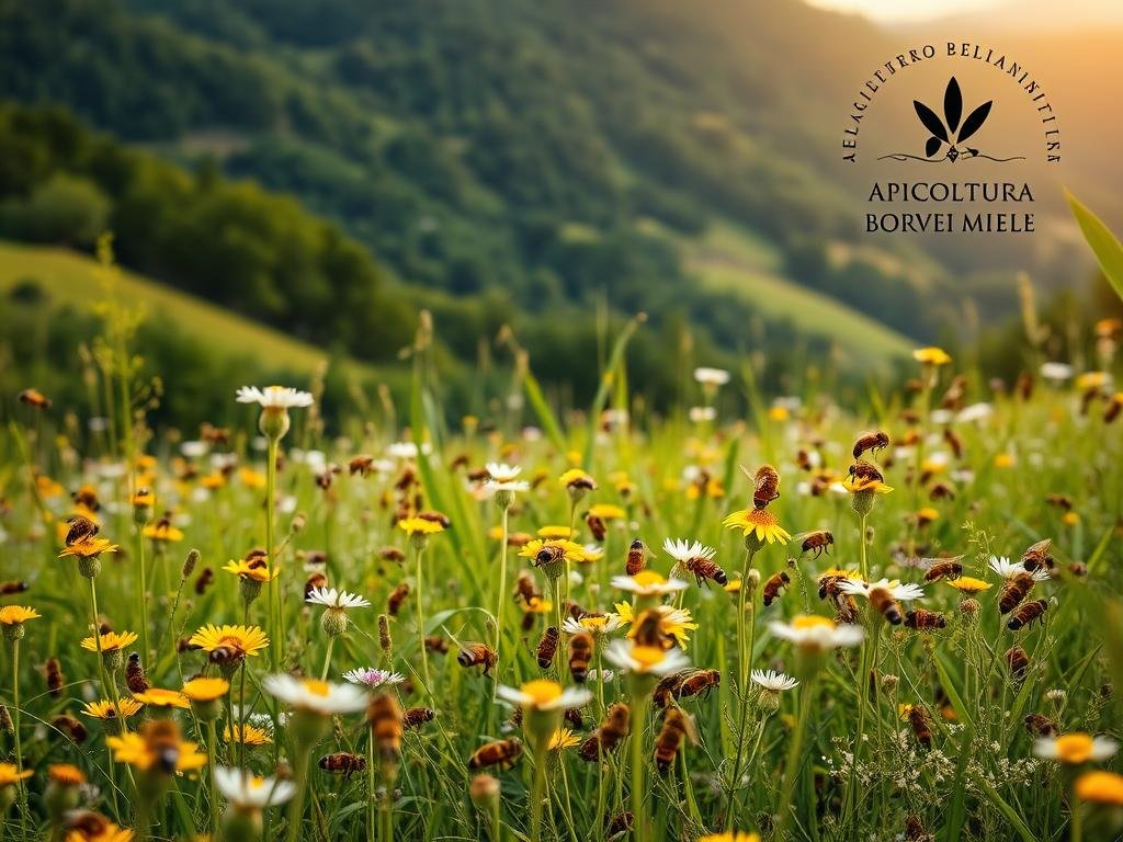 A lush Italian meadow filled with a vibrant tapestry of buzzing honeybees, showcasing the diverse native bee breeds of the region. In the foreground, clusters of Ligustica bees with their distinctive golden stripes dance among the wildflowers, while in the midground, Carnica bees with their dark grey hues and gentle demeanor pollinate the surrounding flora. The background is a serene landscape of rolling hills, verdant forests, and a soft, diffused light that bathes the scene in a warm, golden glow. The APICOLTURA BORVEI MIELE logo subtly graces the corner, a testament to the artisanal craft of Italian beekeeping.