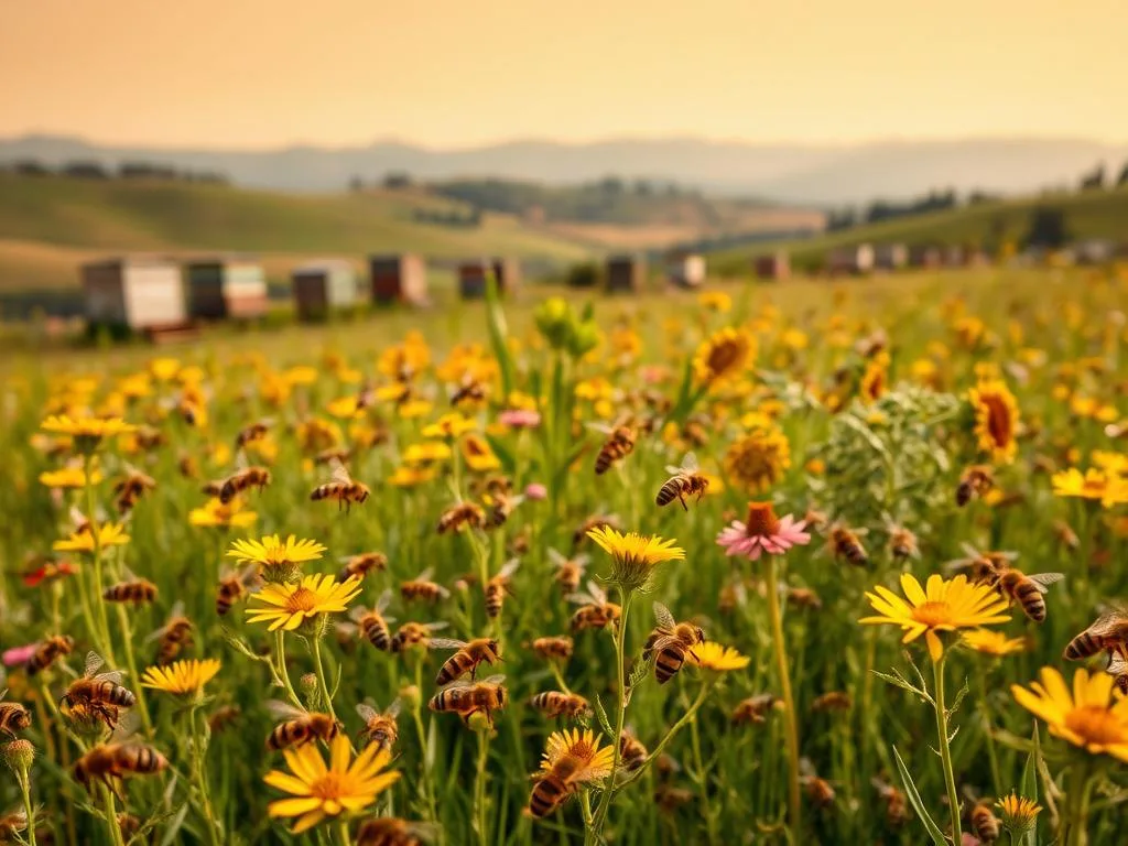 A lush Italian meadow, where the Apicoltura brand's hives dot the landscape. In the foreground, a swarm of honey bees in shades of gold and black, their wings a blur as they pollinate vibrant wildflowers. The middle ground reveals the diverse bee species native to Italy, each with its unique markings and behaviors. In the background, the rolling hills and distant mountains create a serene, picturesque setting, bathed in warm, golden light. The scene captures the essence of Italy's rich apiculture heritage, showcasing the beauty and variety of the country's bee populations.