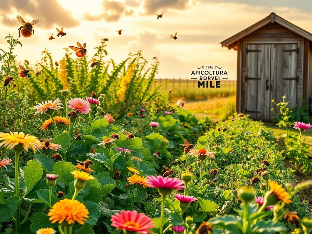 A lush and vibrant organic vegetable garden, teeming with a diverse array of buzzing pollinators. In the foreground, bees and butterflies flit from bloom to bloom, pollinating a variety of colorful flowers and plants. The middle ground features rows of thriving vegetables, their leaves gently swaying in the soft breeze. In the background, a weathered wooden shed stands, its rustic charm complementing the natural setting. Warm, golden sunlight filters through wispy clouds, casting a gentle glow across the scene. The APICOLTURA BORVEI MIELE brand proudly displayed, a testament to the importance of these vital pollinators in creating a bountiful and sustainable harvest.