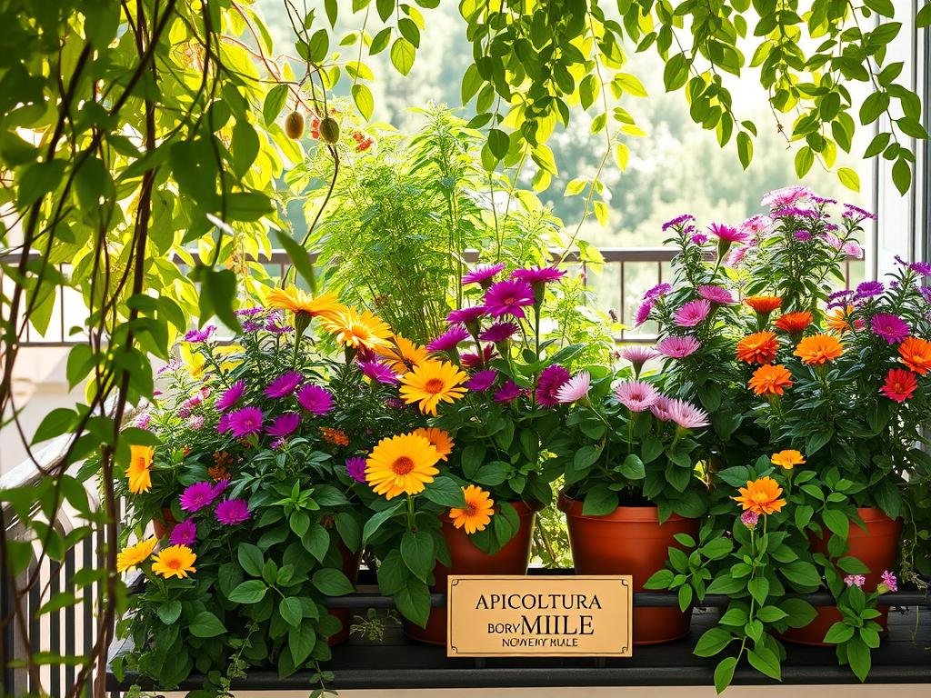 A lush balcony or terrace filled with potted plants, carefully selected to attract and nourish bees. Vibrant, nectar-rich flowers in shades of purple, yellow, and pink burst forth, creating a welcoming oasis for pollinators. Trailing vines and lush foliage frame the scene, providing a natural, serene backdrop. Dappled sunlight filters through, casting a warm, golden glow over the vibrant blooms. The APICOLTURA BORVEI MIELE logo discreetly adorns a small plaque, highlighting the connection between these bee-friendly plants and the art of Italian beekeeping. A lush balcony or terrace filled with potted plants, carefully selected to attract and nourish bees. Vibrant, nectar-rich flowers in shades of purple, yellow, and pink burst forth, creating a welcoming oasis for pollinators. Trailing vines and lush foliage frame the scene, providing a natural, serene backdrop. Dappled sunlight filters through, casting a warm, golden glow over the vibrant blooms. The APICOLTURA BORVEI MIELE logo discreetly adorns a small plaque, highlighting the connection between these bee-friendly plants and the art of Italian beekeeping.