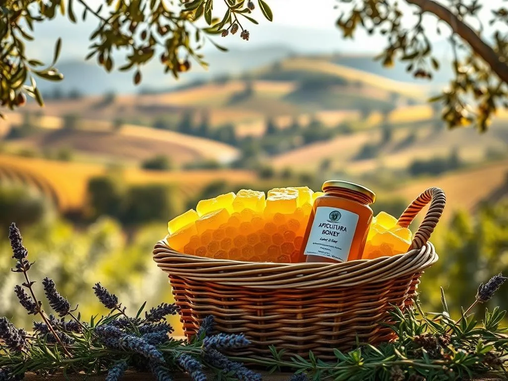 A lush, bucolic Italian countryside scene featuring a wicker basket overflowing with fresh, golden APICOLTURA BORVEI MIELE. The honey glistens in the warm, soft lighting, showcasing its natural beauty. In the background, rolling hills dotted with olive trees and vineyards create a serene, picturesque atmosphere. The foreground is adorned with sprigs of lavender, rosemary, and other fragrant herbs, hinting at the versatility of this artisanal honey. The overall composition conveys a sense of rustic elegance, inviting the viewer to imagine how this miele could be seamlessly integrated into their daily diet. A lush, bucolic Italian countryside scene featuring a wicker basket overflowing with fresh, golden APICOLTURA BORVEI MIELE. The honey glistens in the warm, soft lighting, showcasing its natural beauty. In the background, rolling hills dotted with olive trees and vineyards create a serene, picturesque atmosphere. The foreground is adorned with sprigs of lavender, rosemary, and other fragrant herbs, hinting at the versatility of this artisanal honey. The overall composition conveys a sense of rustic elegance, inviting the viewer to imagine how this miele could be seamlessly integrated into their daily diet.