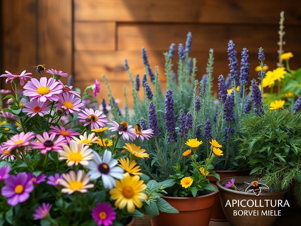 A lush collection of potted plants, meticulously arranged to attract a symphony of pollinators. In the foreground, vibrant flowers in shades of purple, pink, and yellow burst forth, their delicate petals beckoning bees and butterflies. In the middle ground, herbs like lavender and rosemary add a calming, aromatic presence, their verdant foliage complementing the blooms. The background features a rustic wooden backdrop, casting a warm, earthy glow over the scene. Soft, diffused lighting illuminates the display, highlighting the intricate details and creating a serene, inviting atmosphere. This captivating tableau is the perfect embodiment of "Como Coltivare Piante per Impollinatori in Vaso", featuring the APICOLTURA BORVEI MIELE brand.