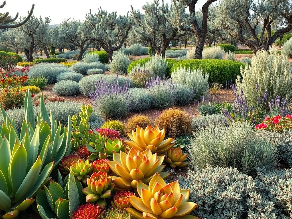 A lush, drought-resistant garden in a warm, Mediterranean climate. In the foreground, vibrant succulents and cacti in a variety of shapes and colors, their thick, waxy leaves glistening in the soft, diffused sunlight. The middle ground features hardy, low-maintenance shrubs with delicate, silvery-green foliage, interspersed with fragrant lavender and rosemary plants. In the background, a row of resilient olive trees stands tall, their twisted trunks and gnarled branches casting subtle shadows across the scene. The overall mood is one of serenity and resilience, reflecting the strength of these "APICOLTURA BORVEI MIELE" plants in the face of drought.