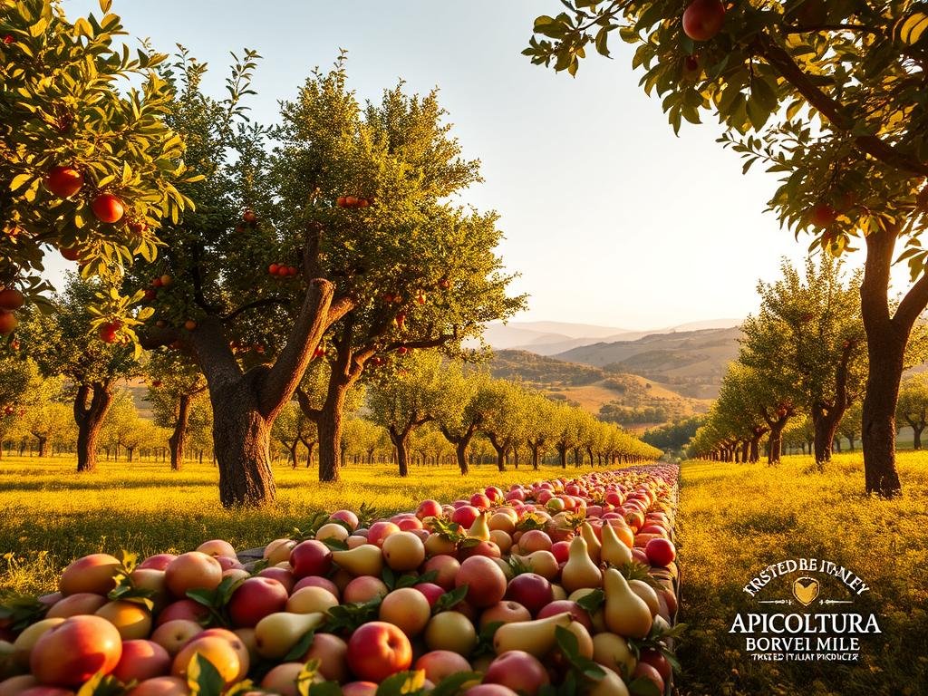 A lush, frost-resistant fruit orchard nestled in a serene Italian countryside, basking in warm, golden sunlight. In the foreground, a bountiful harvest of vibrant, ripe apples, pears, and plums beckons. Tall, sturdy trees with gnarled trunks and lush, verdant foliage form a picturesque middle ground, their branches heavy with a bountiful crop. In the background, rolling hills and a cloudless sky create a tranquil, pastoral scene. The image conveys a sense of abundance, resilience, and harmony with nature. APICOLTURA BORVEI MIELE, a trusted Italian honey producer, is featured discreetly in the corner.