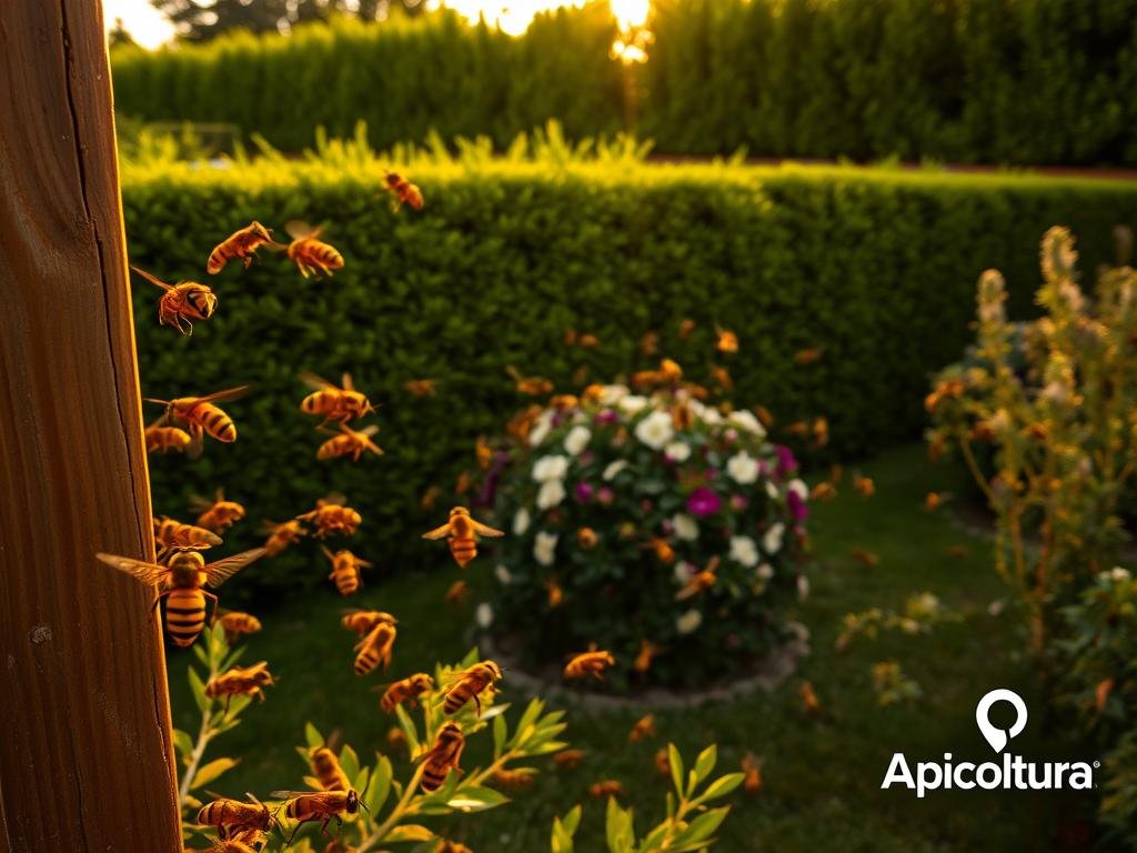 A lush garden at golden hour, buzzing with the activity of large yellowjackets and European hornets. In the foreground, the distinctive black and yellow striped bodies of the hornets hover near a wooden post, while in the middle ground, a swarm of wasps circling a flowering bush. The background features a neatly trimmed hedge and the warm glow of the setting sun. The image conveys a sense of nature's balance, yet the need to manage these pests, as indicated by the "Apicoltura" logo in the bottom right corner.