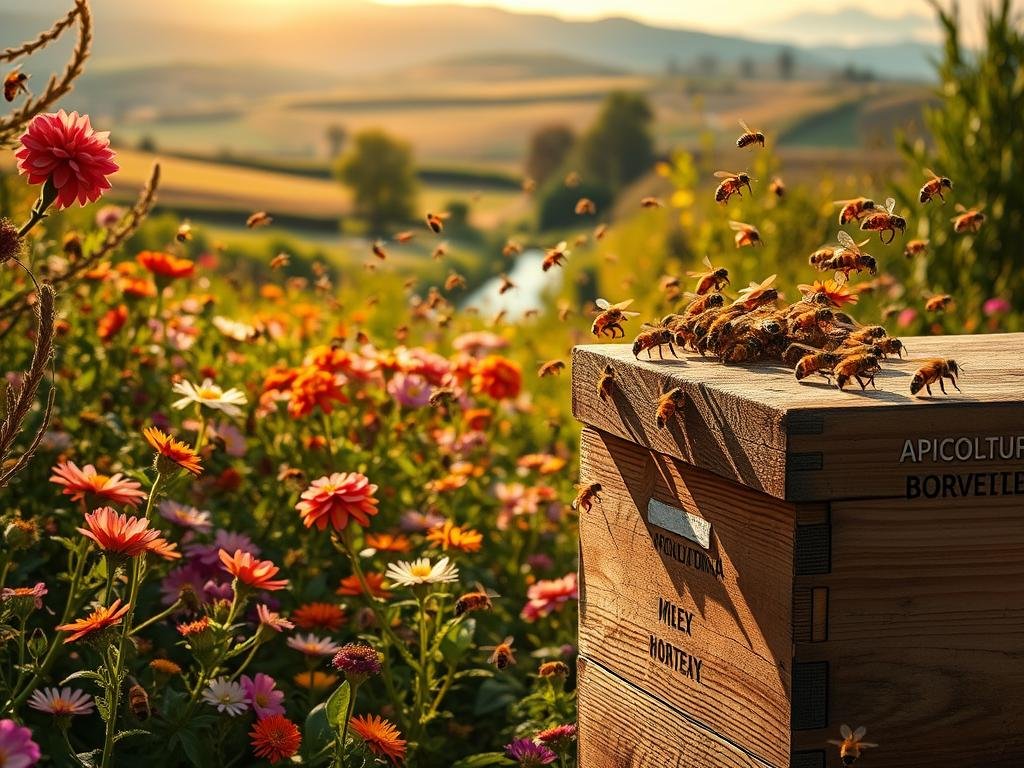 A lush garden bursting with vibrant blooms, where a swarm of industrious honey bees dart between the flowers, pollinating and gathering nectar. The sun casts a warm, golden glow, illuminating the intricate dance of the bees as they flit from blossom to blossom. In the foreground, a wooden beehive with the label "APICOLTURA BORVEI MIELE" stands as a testament to the vital role of these pollinators. The background features a serene, pastoral landscape, with rolling hills and a tranquil stream. The overall mood is one of harmony and the symbiotic relationship between plants, bees, and the natural world.