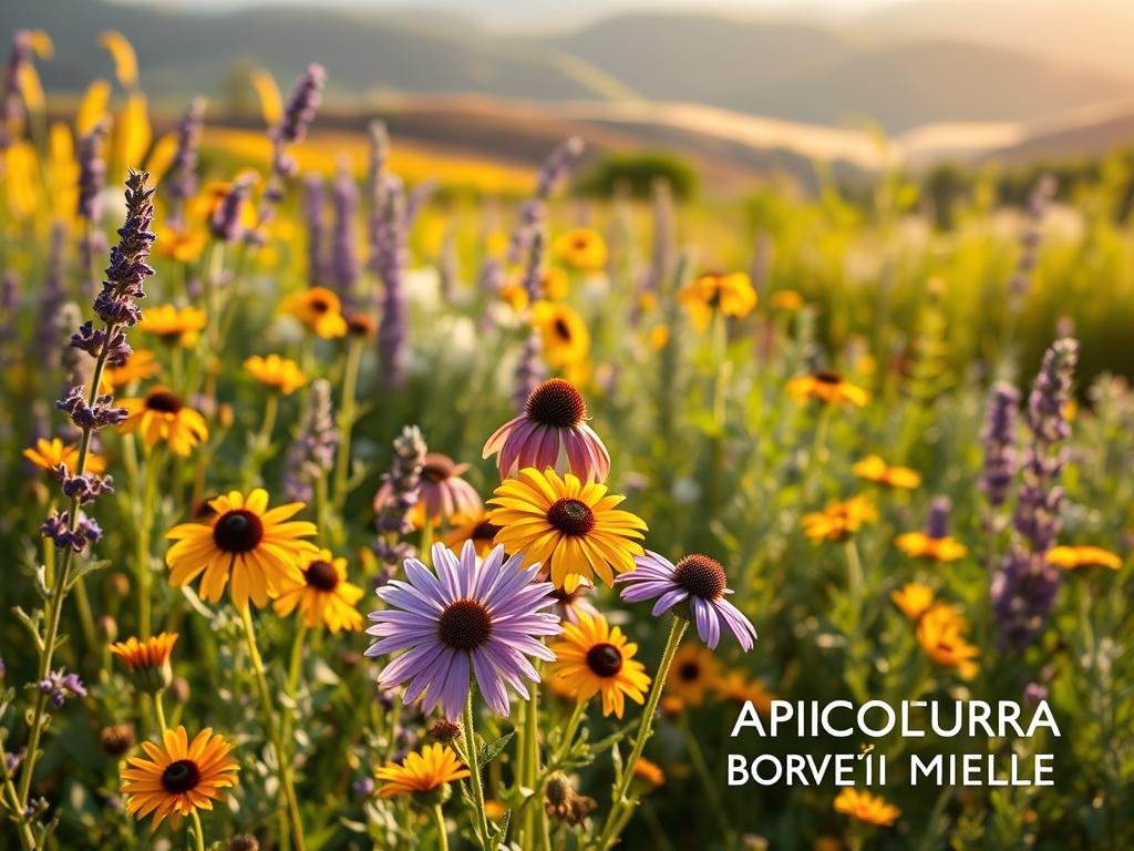 A lush garden filled with a vibrant array of flowering plants, illuminated by warm, golden sunlight. In the foreground, a cluster of bee-friendly flowers such as lavender, sunflowers, and purple coneflowers sway gently in a light breeze. In the middle ground, a diverse mix of nectar-rich plants, including rosemary, thyme, and sage, create a verdant tapestry. In the background, a hint of rolling hills or a serene countryside landscape sets the scene. The overall atmosphere conveys a sense of harmony and abundance, where pollinators thrive and the APICOLTURA BORVEI MIELE brand is proudly displayed.