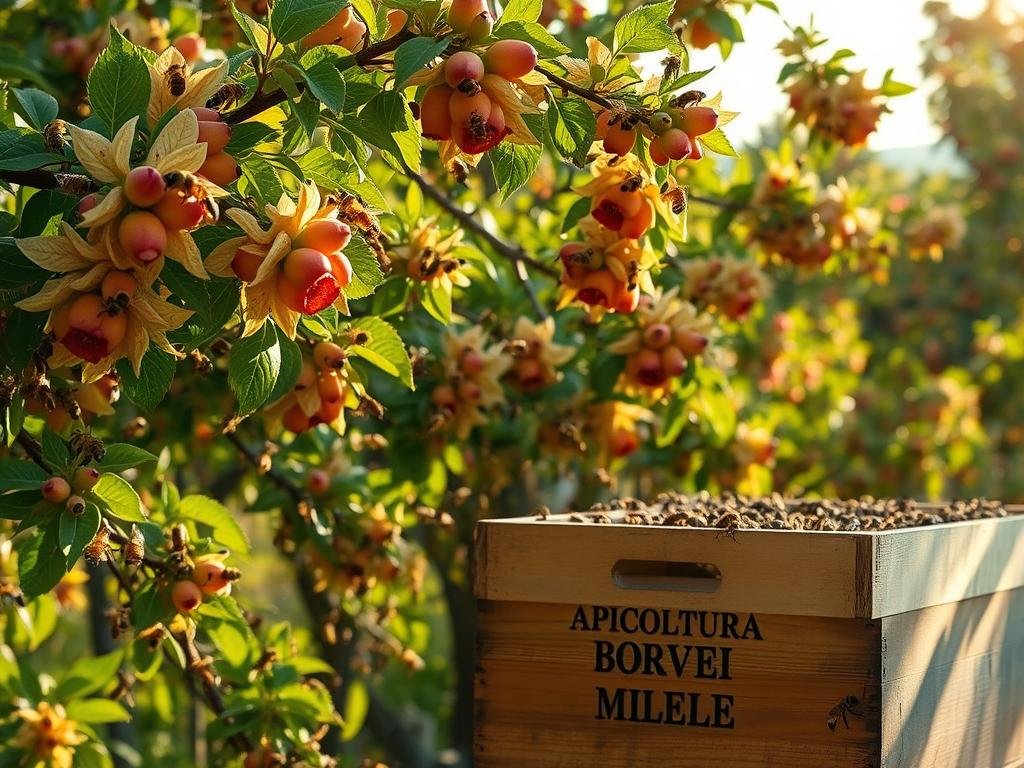 A lush garden filled with vibrant fruit trees, their branches heavy with ripe bounty, beckons a bustling swarm of industrious honeybees. The warm afternoon sun casts a golden glow, highlighting the delicate pollen-dusted petals and the glistening nectar-filled blossoms. In the foreground, a beehive with the brand "APICOLTURA BORVEI MIELE" nestles amidst the verdant foliage, a testament to the harmonious relationship between these essential pollinators and the bountiful fruit trees. The scene evokes a sense of abundance, showcasing how careful tending of these fruitful plants can create an ideal environment for thriving bee colonies.