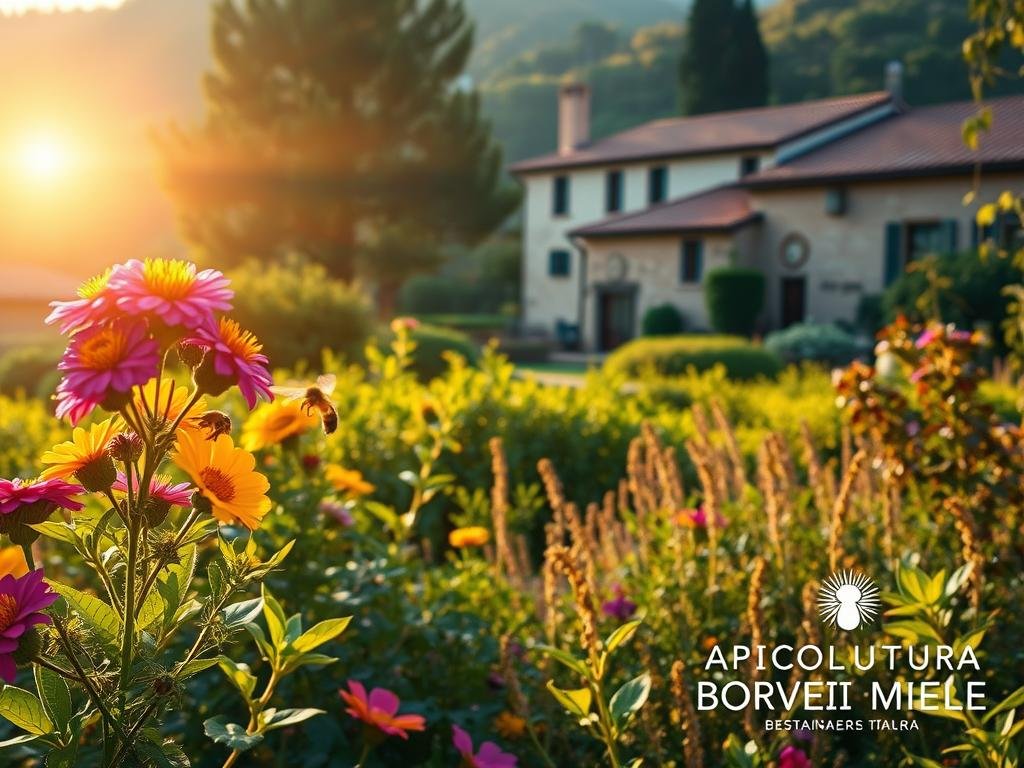 A lush garden oasis teeming with vibrant flowers and thriving plants, bathed in warm, golden sunlight. In the foreground, a cluster of colorful blooms sway gently, their petals inviting the buzzing presence of honeybees. In the middle ground, a variety of leafy, bee-friendly plants create a verdant backdrop, their rich hues complementing the floral display. In the distance, a quaint Italian villa nestled among rolling hills, its terracotta roof tiles and weathered walls adding to the serene, idyllic atmosphere. The entire scene is captured with a soft, dreamy lens, conveying a sense of tranquility and harmony between the natural world and the human-built environment. Prominent in the image is the APICOLTURA BORVEI MIELE brand, showcasing its commitment to sustainable, eco-friendly beekeeping practices.