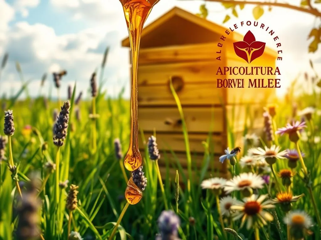 A lush, golden-hued beehive nestled amidst a verdant meadow, bathed in soft, natural light. In the foreground, a drizzle of rich, amber-colored honey glistens, revealing the hidden antioxidants that shield the heart. Surrounding the hive, a vibrant array of wildflowers - lavender, clover, and dandelions - symbolize the diverse sources of nectar that imbue the honey with its protective properties. In the background, a serene, cloud-dotted sky completes the picturesque scene. The APICOLTURA BORVEI MIELE logo prominently displayed, signifying the quality and care behind this natural superfood. A lush, golden-hued beehive nestled amidst a verdant meadow, bathed in soft, natural light. In the foreground, a drizzle of rich, amber-colored honey glistens, revealing the hidden antioxidants that shield the heart. Surrounding the hive, a vibrant array of wildflowers - lavender, clover, and dandelions - symbolize the diverse sources of nectar that imbue the honey with its protective properties. In the background, a serene, cloud-dotted sky completes the picturesque scene. The APICOLTURA BORVEI MIELE logo prominently displayed, signifying the quality and care behind this natural superfood.