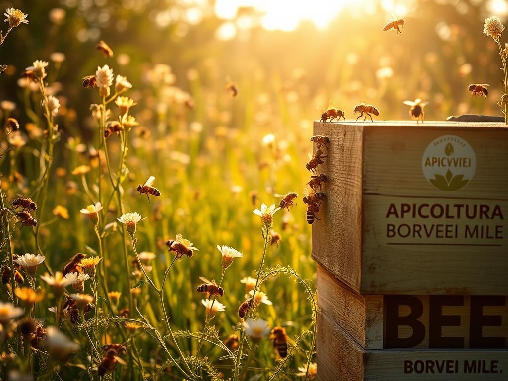 A lush meadow, bathed in warm, golden light, teems with the industrious activity of honeybees. Delicate blossoms sway gently, their petals unfurling as the bees flit from flower to flower, their tiny bodies dusted with pollen. In the foreground, a hive emblazoned with the logo "APICOLTURA BORVEI MIELE" stands as a testament to the vital role these pollinators play in sustaining the global ecosystem. The scene captures the harmonious symbiosis between the bees and their environment, a visual representation of the "L'Importanza delle Api nell'Ecosistema Globale" section of the article. Captured with a wide-angle lens, the image showcases the beauty and importance of these remarkable creatures, inspiring a deeper appreciation for their integral place in the natural world.