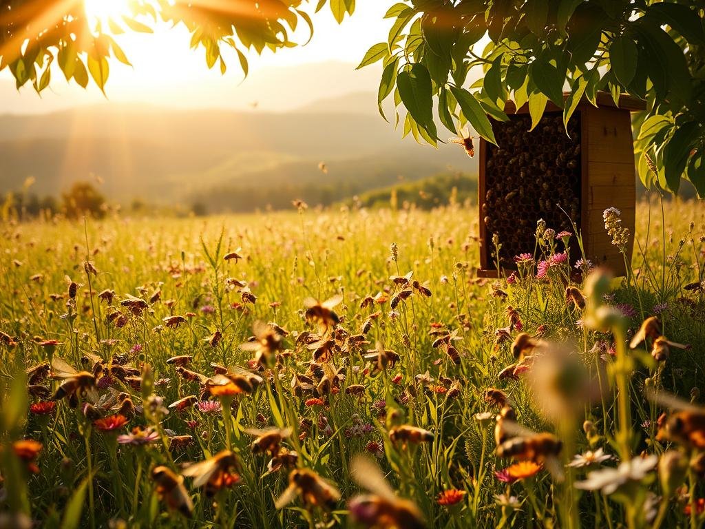 A lush meadow buzzing with life, where golden rays of sunlight filter through the canopy of verdant foliage. In the foreground, a swarm of industrious Api mellifere, their delicate wings a blur as they flit from flower to flower, gathering the nectar that will become the essence of APICOLTURA BORVEI MIELE. The hive, a masterpiece of natural engineering, stands as a testament to the incredible biodiversity and resilience of these remarkable creatures. In the middle ground, a verdant expanse of wildflowers and grasses sway gently in the breeze, creating a serene and harmonious scene. The background is filled with rolling hills and distant mountains, framing this idyllic tableau of nature's intricate balance. The lighting is soft and diffused, casting a warm, golden glow over the entire scene, conveying a sense of tranquility and timelessness.