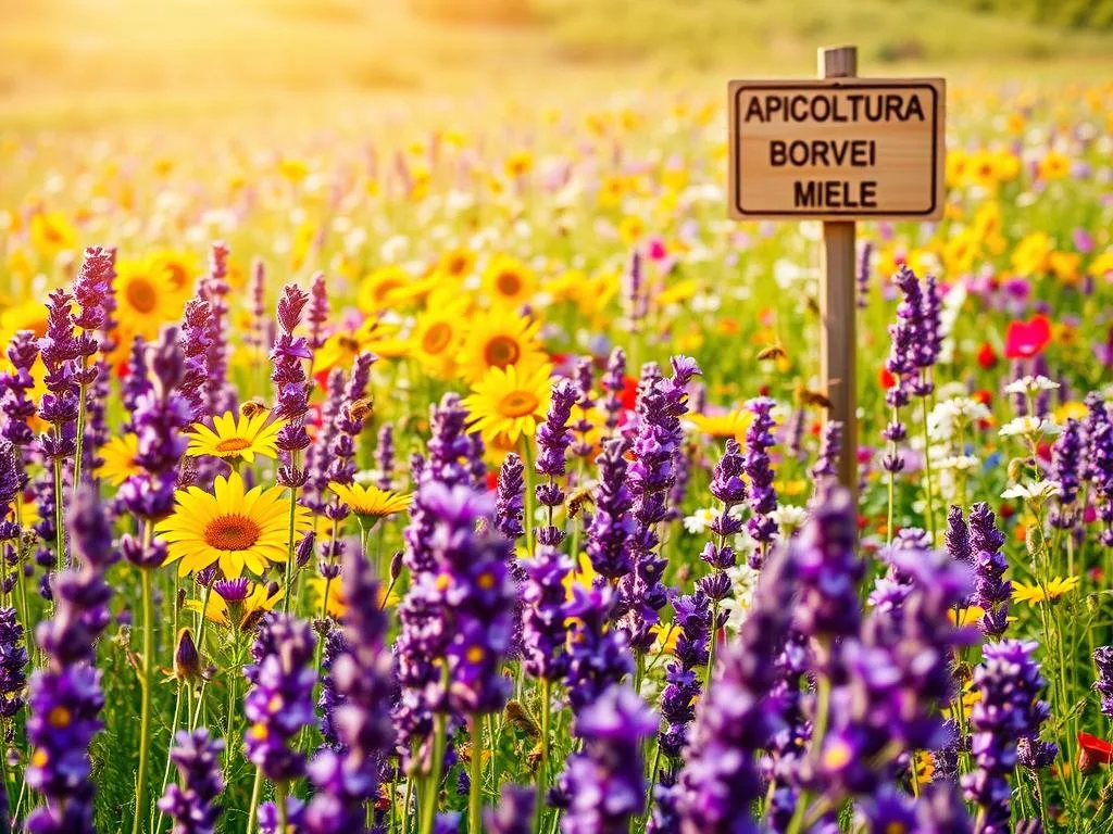 A lush meadow filled with an abundance of vibrant, nectar-rich flowers. In the foreground, delicate purple lavender blooms sway gently in the breeze. Amid the lavender, clusters of cheerful yellow sunflowers reach towards the sky. In the middle ground, a vibrant mix of colorful wildflowers such as daisies, poppies, and clover carpet the landscape. Buzzing softly, a swarm of industrious honeybees dart from blossom to blossom, pollinating the flowers. The scene is bathed in warm, golden light, creating a serene and tranquil atmosphere. In the background, a rustic wooden sign prominently displays the text "APICOLTURA BORVEI MIELE", highlighting the importance of these melliferous flowers to the local beekeeping industry.