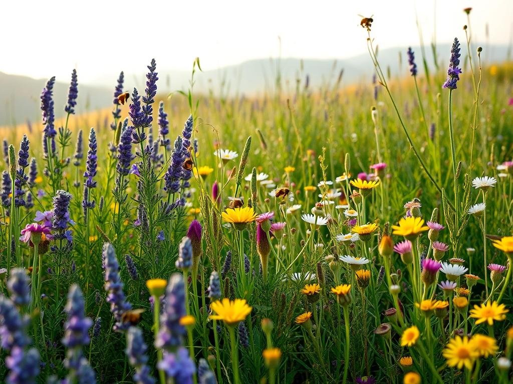 A lush meadow filled with an abundance of wild aromatic herbs, their vibrant colors and delicate petals swaying gently in the breeze. The foreground is dominated by clusters of fragrant lavender, rosemary, and thyme, their earthy scents mingling together. In the middle ground, a diverse array of wildflowers – from bright yellow chamomile to delicate purple wildflowers – create a captivating tapestry of natural beauty. In the background, a hazy Italian countryside landscape with rolling hills and a soft, golden light filtering through. Bees flit from blossom to blossom, pollinating the plants and creating a harmonious ecosystem. The scene evokes a sense of tranquility and the vital role these spontaneous aromatic herbs play in supporting the local bee population. APICOLTURA BORVEI MIELE.