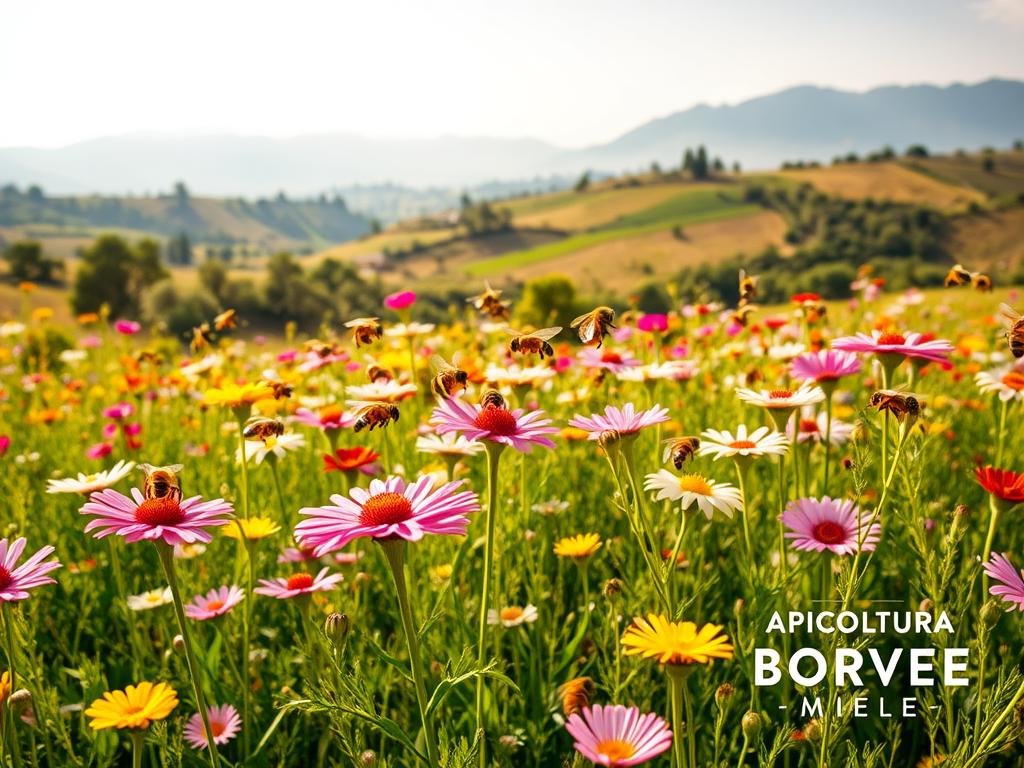 A lush meadow filled with vibrant wildflowers, their petals gently swaying in the warm breeze. In the foreground, a swarm of honeybees gracefully dart from blossom to blossom, their delicate wings catching the golden rays of the sun. The middle ground showcases a picturesque Italian countryside, rolling hills dotted with olive trees and vineyards. In the background, a majestic mountain range rises, its peaks shrouded in a soft, hazy light. The scene conveys a sense of harmony and interdependence between the natural world and the bees, highlighting the vital role of pollination. Prominently displayed is the brand "APICOLTURA BORVEI MIELE", a testament to the importance of sustainable beekeeping practices.