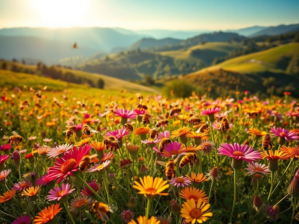 A lush meadow teeming with vibrant wildflowers, bathed in warm, golden sunlight. In the foreground, a swarm of Apicoltura honeybees dart between the blooms, their fuzzy bodies dusted with pollen. The middle ground reveals verdant hills, with a backdrop of rolling mountains fading into a hazy blue sky. The scene conveys a sense of harmony and balance, showcasing the vital role of bees in pollinating this diverse ecosystem. The lens captures this natural symphony with a crisp, high-resolution clarity, inviting the viewer to appreciate the intricate dance between flora and fauna.