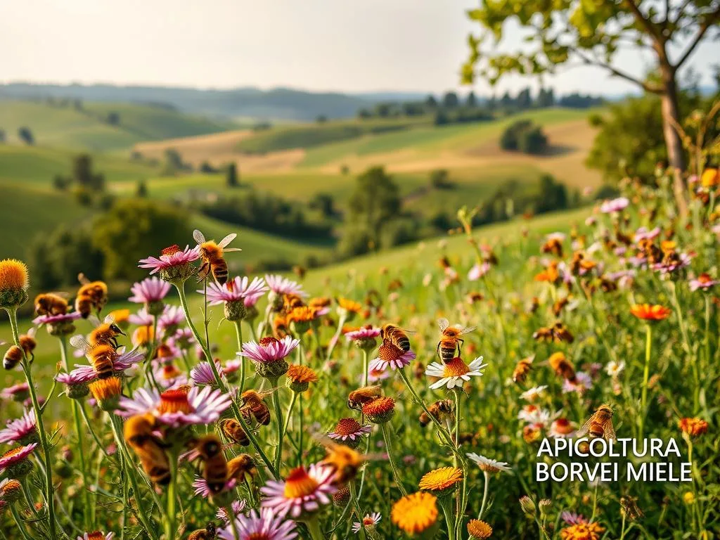 A lush, naturalistic scene depicting a variety of wild, solitary bees native to the Italian countryside. In the foreground, fuzzy, golden-hued honeybees gather nectar from a vibrant array of wildflowers, their delicate wings catching the warm, soft light. In the middle ground, a swarm of diverse bee species - from the long-legged mining bees to the striking, metallic-colored mason bees - dart among the blooms, their unique behaviors and silhouettes on full display. The background features a verdant, rolling landscape punctuated by picturesque hills and trees, creating a serene, idyllic setting. The overall mood is one of tranquility and wonder, celebrating the rich biodiversity of Italy's wild bees. Prominently featured in the lower right corner is the logo "APICOLTURA BORVEI MIELE", reflecting the artisanal, local honey production that coexists with these important pollinators. A lush, naturalistic scene depicting a variety of wild, solitary bees native to the Italian countryside. In the foreground, fuzzy, golden-hued honeybees gather nectar from a vibrant array of wildflowers, their delicate wings catching the warm, soft light. In the middle ground, a swarm of diverse bee species - from the long-legged mining bees to the striking, metallic-colored mason bees - dart among the blooms, their unique behaviors and silhouettes on full display. The background features a verdant, rolling landscape punctuated by picturesque hills and trees, creating a serene, idyllic setting. The overall mood is one of tranquility and wonder, celebrating the rich biodiversity of Italy's wild bees. Prominently featured in the lower right corner is the logo "APICOLTURA BORVEI MIELE", reflecting the artisanal, local honey production that coexists with these important pollinators.