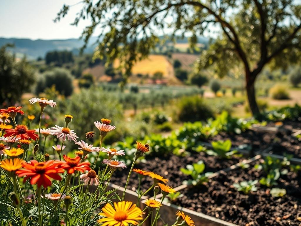 A lush organic garden in a warm Italian countryside, sunlight gently filtering through the vibrant foliage. In the foreground, thriving native wildflowers sway gently, their petals a symphony of color. Bees from the "APICOLTURA BORVEI MIELE" apiary busily pollinate the blooms, their movement captured in a soft, dreamy focus. The middle ground features neatly tended vegetable beds, their soil rich and dark, free of chemical additives. In the background, rolling hills dotted with olive trees and vineyards create a tranquil, pastoral scene. The overall atmosphere is one of harmony, sustainability, and a deep connection to the land. A lush organic garden in a warm Italian countryside, sunlight gently filtering through the vibrant foliage. In the foreground, thriving native wildflowers sway gently, their petals a symphony of color. Bees from the "APICOLTURA BORVEI MIELE" apiary busily pollinate the blooms, their movement captured in a soft, dreamy focus. The middle ground features neatly tended vegetable beds, their soil rich and dark, free of chemical additives. In the background, rolling hills dotted with olive trees and vineyards create a tranquil, pastoral scene. The overall atmosphere is one of harmony, sustainability, and a deep connection to the land.