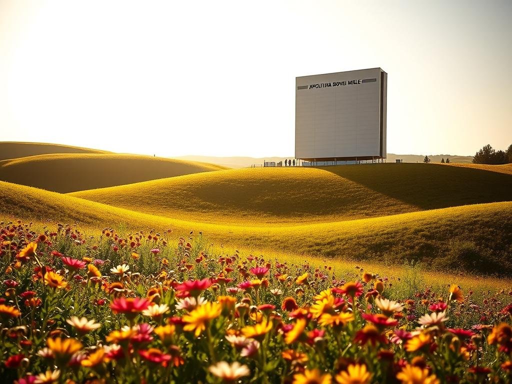 A lush, rolling Italian countryside bathed in warm, golden sunlight. In the foreground, a vibrant field of colorful wildflowers buzzes with the activity of honey bees, their delicate wings capturing the light. Towering in the background, a modern, minimalist structure stands as a symbol of the APICOLTURA BORVEI MIELE brand, its sleek design and clean lines complementing the organic beauty of the natural landscape. The scene conveys a harmonious balance between the traditional art of beekeeping and the innovative practices of modern apiculture, representing the interdependent relationship between agriculture and apiculture.