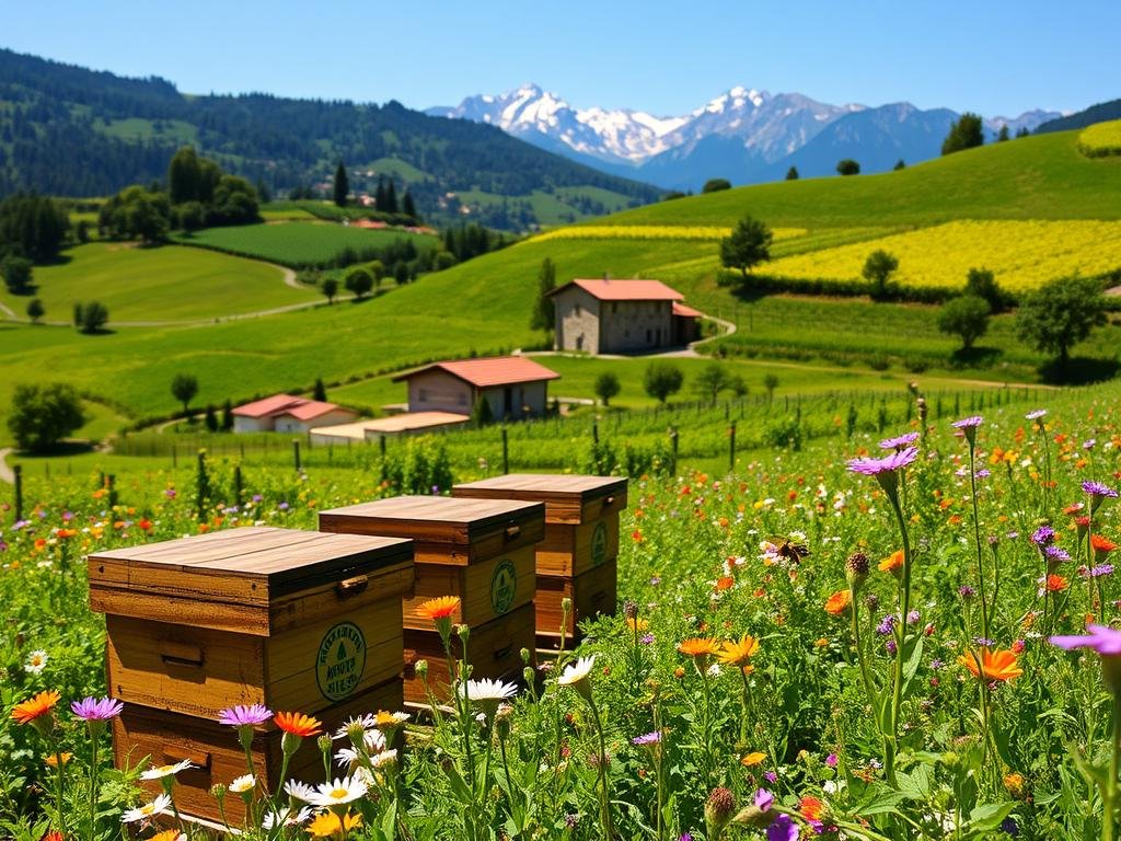 A lush, sun-dappled Italian countryside, rolling hills and verdant fields dotted with vibrant wildflowers. In the foreground, rows of traditional wooden beehives sit nestled amidst the vibrant greenery, the APICOLTURA BORVEI MIELE logo prominently displayed. Honey bees flit from blossom to blossom, their gentle buzzing filling the air. In the middle ground, a small stone farmhouse with terracotta tiles stands, surrounded by neat rows of grape vines and olive trees. In the distance, the majestic Italian Alps rise, their snow-capped peaks glowing in the warm afternoon light. The scene conveys a sense of rustic tranquility and the timeless rhythm of traditional Italian apicoltura.