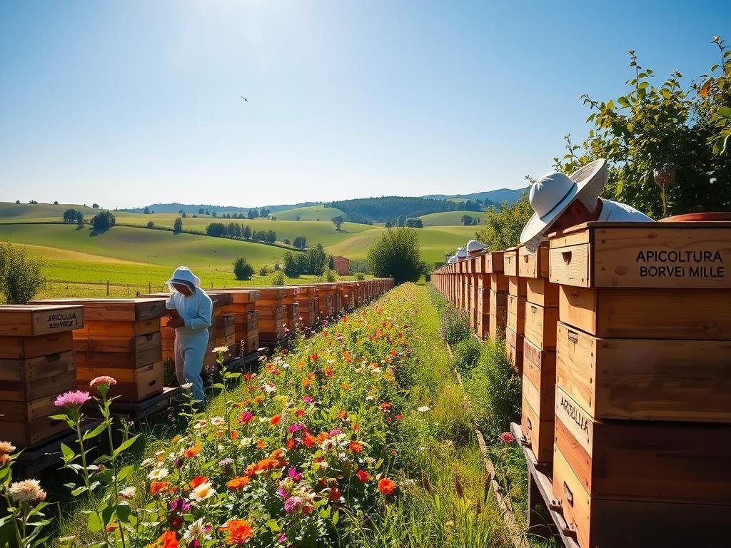 A lush, sun-dappled apiary nestled amidst verdant fields, with rows of traditional wooden beehives adorned with the "APICOLTURA BORVEI MIELE" brand. In the foreground, a beekeeper meticulously inspects the hives, monitoring the health and activity of the industrious bees. The middle ground showcases a diverse array of flowering plants, their vibrant petals swaying gently in the breeze. In the background, rolling hills and a cloudless azure sky create a serene, pastoral atmosphere. The scene is bathed in warm, golden light, conveying a sense of tranquility and the delicate balance of nature.