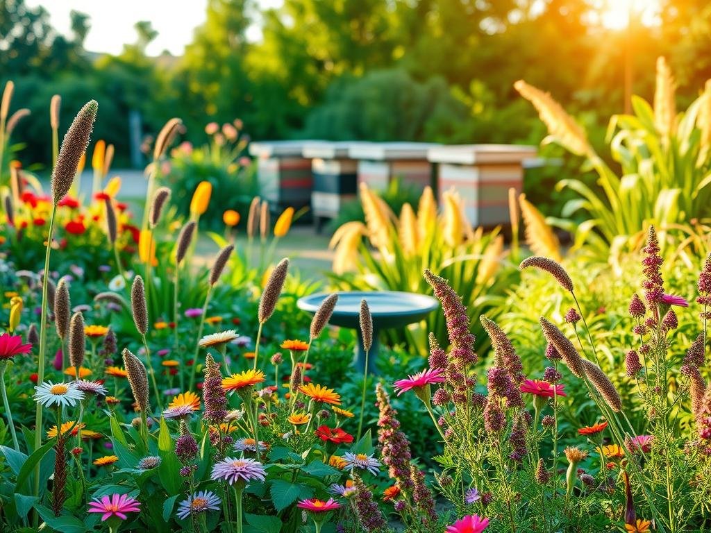 A lush, sun-dappled garden bursting with vibrant, bee-friendly plants. In the foreground, a colorful "aiuola api-friendly" featuring a mix of drought-resistant flowers, herbs, and grasses that provide nectar and pollen for busy pollinators. In the middle ground, a birdbath surrounded by swaying stems and petals, creating a tranquil oasis. In the background, the APICOLTURA BORVEI MIELE apiary, its hives nestled amidst lush greenery. Soft, warm lighting casts a golden glow, evoking a sense of harmony and connection between the garden and the hardworking bees it supports.